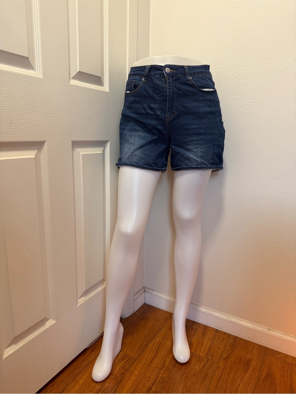 Women's Dark Blue Denim Mid-Rise Jean Shorts